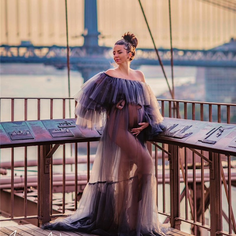New Arrival Illusion Tulle Nightrobe Party Dress Navy Kimono Pregnant Women Evening Sleepwear Women Bathrobe Nightgown