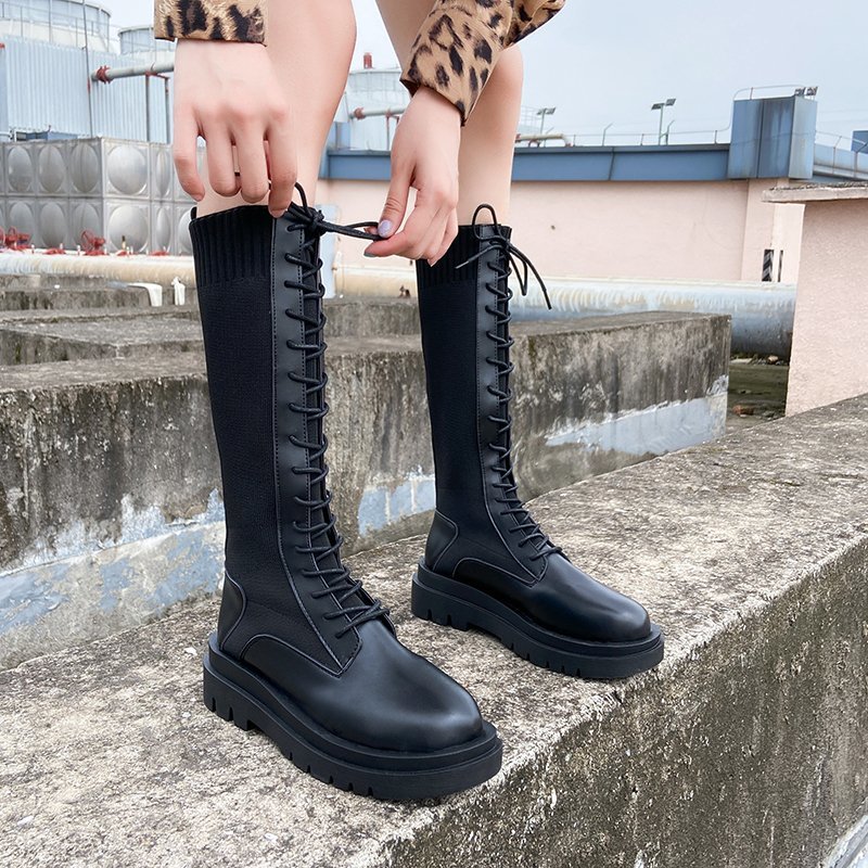 Black Knee High Boots Lace Up Women Elastic Knitted Tube Platform Long Boots Women Thick Sole Motorcycle 2020
Black Knee High Boots Lace Up Women Elastic Knitted Tube Platform Long Boots Women Thick Sole Motorcycle 2020