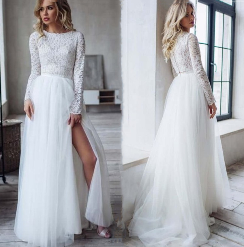 Sexy Ivory Country Boho Wedding Dresses Bridal Gowns A Line Illusion Tops Lace Long Sleeve Side Slits Beach Bride Dress Plus Size