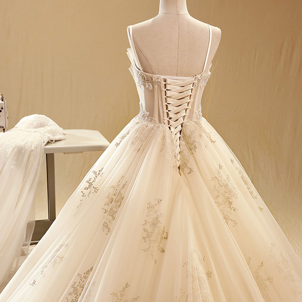 Pearls Flower Appliques Lace Prom Dress Spaghetti Strap A-Line Lace Up Vestido De Novia Floor Length Custom Made Bridal Dress