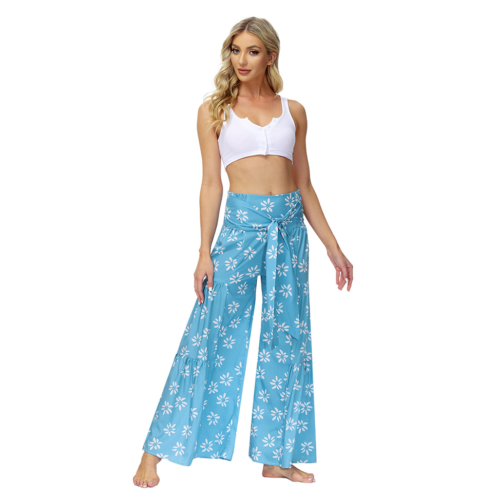 Women Wide Leg Palazzo Pants Summer Loose Casual Beach Boho Floral Printed Bohemian Belted Pants Trousers