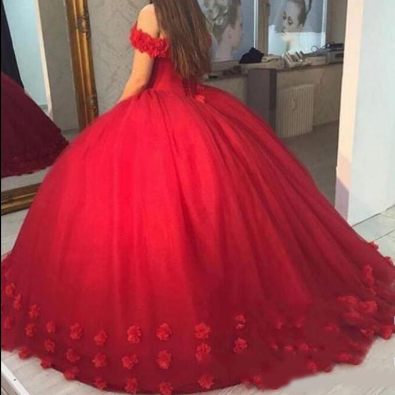 Red 3D-Floral Appliques Puffy Ball Gown Quinceanera Dresses Sweet 16 Off Shoulder Red Tulle Lace Up Back Party Pageant For Girls