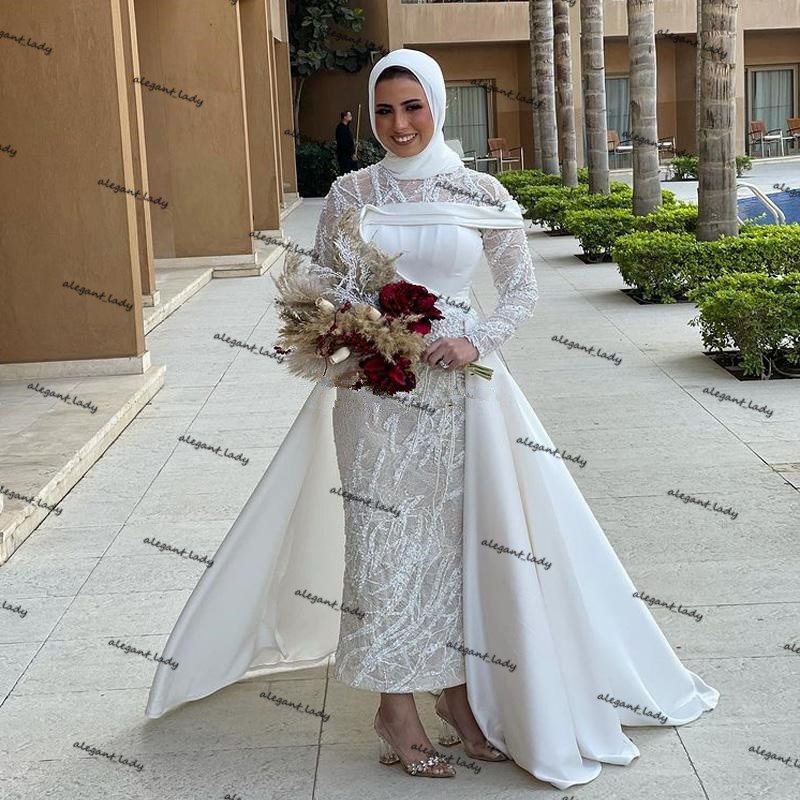 Ankle-length Muslim Mermaid Wedding Dresses with Detachable Train 2021 Jewel Neck Lace Stain Beaded Arabic Kaftan Bridal Dress