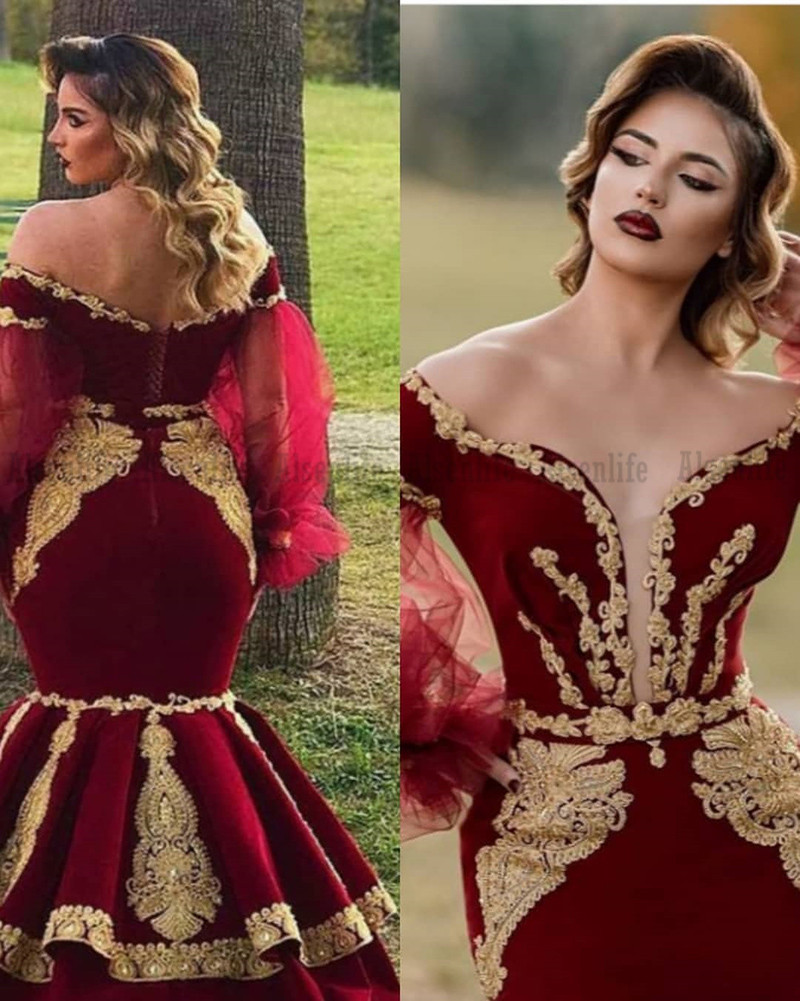 Long Sleeve Gold Appliqued Prom Dress Vestidos De Novia Traditional Kosovo Black Evening Party Dresses For Women