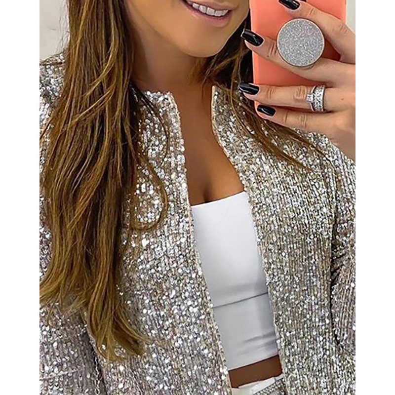 Women's Sequined Spring Coat - Slim Fit Open Front Long Sleeve Jacket, T200111 B3