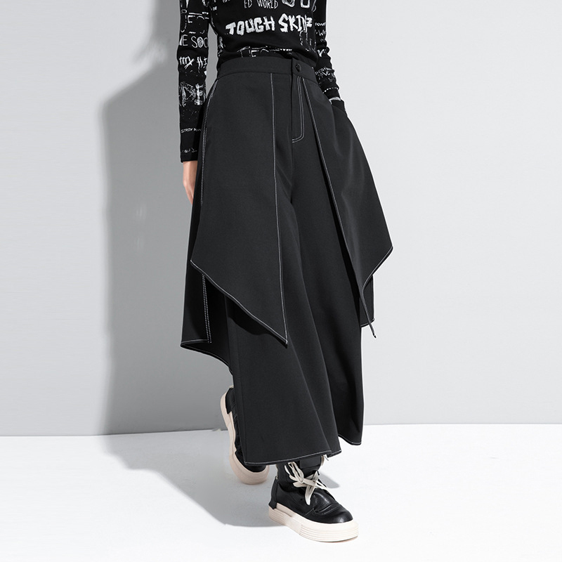 EAM High Waist Black Linen Split Joint Long Wide Leg Trousers Loose Fit Pants Women Fashion Spring Autumn 1DA613 201228