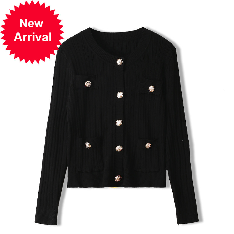 New Autumn 2021 Female Manner Fine Cardigan O-neck Metal One Breasted Long Jacket Luxan Casual Clothes DHCJ, Yellow