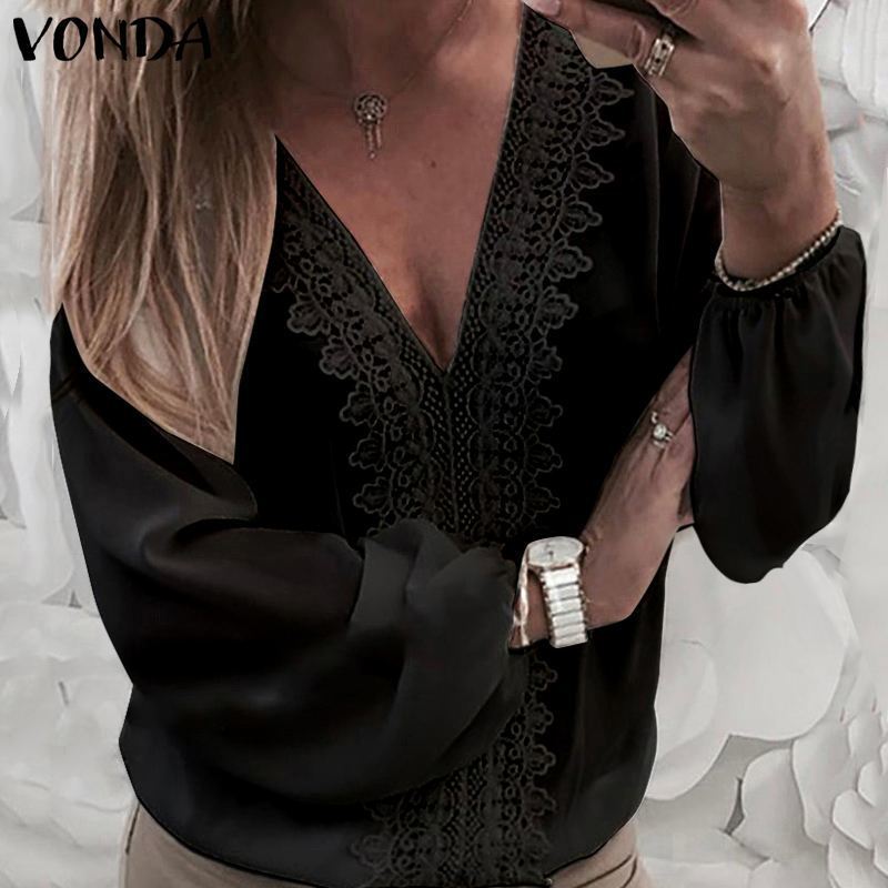 VONDA Women Blouses 2019 Sexy V Neck Lace Crochet Shirts Long Lantern Sleeve Hollow Out Tops Casual Loose Plus Size Blouse T200321
