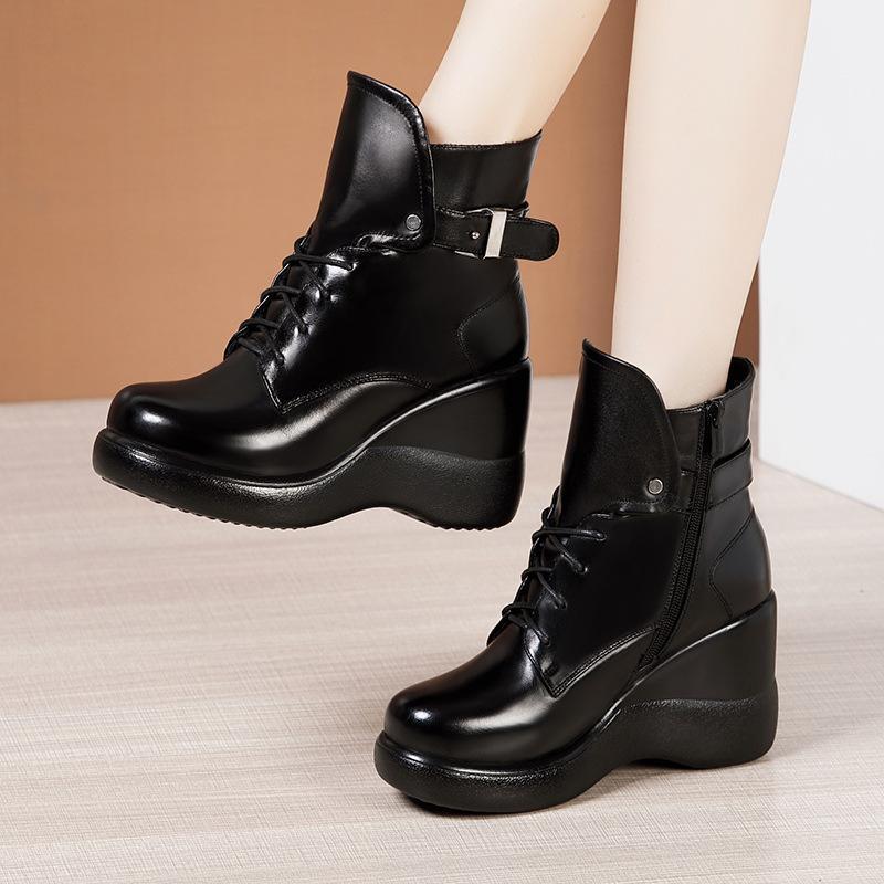 High Heel Black Ankle Boots Women Wedges Heel Round Head Large Size 32 To 43 Lace Up Winter Short Boots Womsn1, Winter inside plush 
High Heel Black Ankle Boots Women Wedges Heel Round Head Large Size 32 To 43 Lace Up Winter Short Boots Womsn1, Winter inside plush