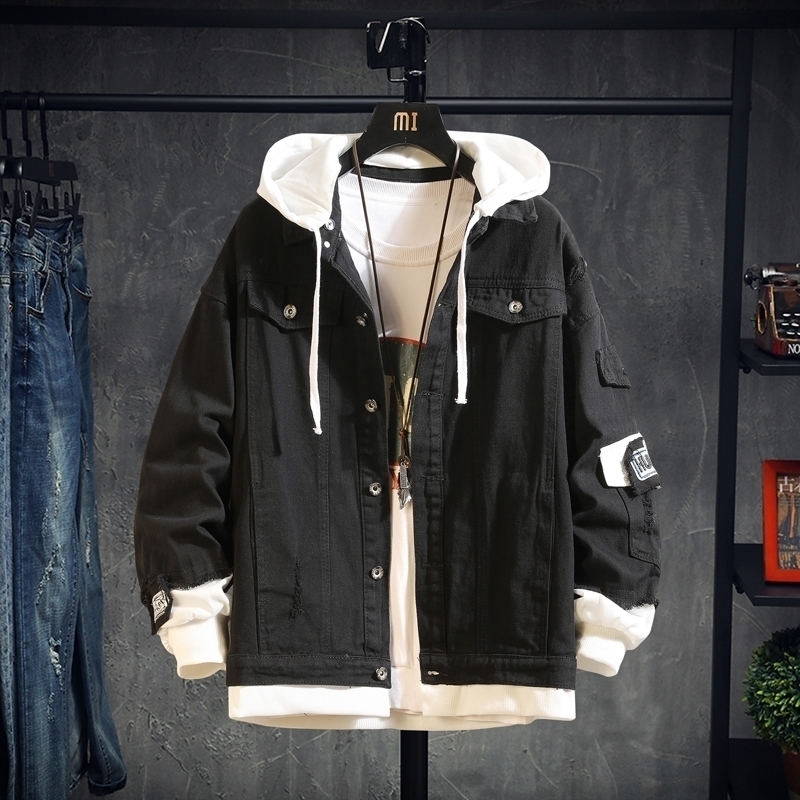 Pink Black Green Jeans Jacket Men Slim Streetwear Ripped Denim Jacket Hoodie Men Hip Hop Bomber Jacket Homme Autumn 201130