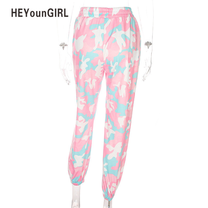 HEYounGIRL Pink Camouflage Pants Womens Camo Cargo Sweat Pants High Waist Elastic Trousers Casual Baggy Joggers Print Pockets T200727