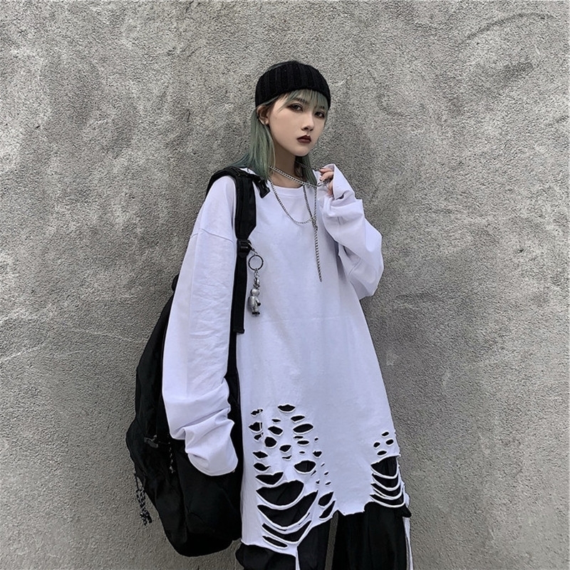 Women vintage punk long sleeve t shirt black white ripped hole tops ladies harajuku hip hop oversized tee shirts 201028