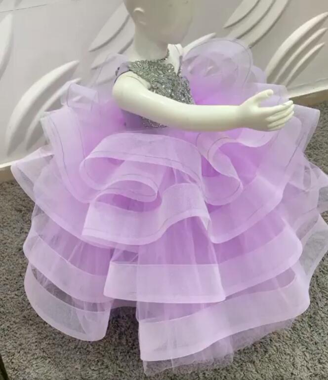 Lilac Crystals 2020 Flower Girl Dresses Sheer Neck Tulle Little Girl Wedding Dresses Cheap Communion Pageant Dresses Gowns ZJ646