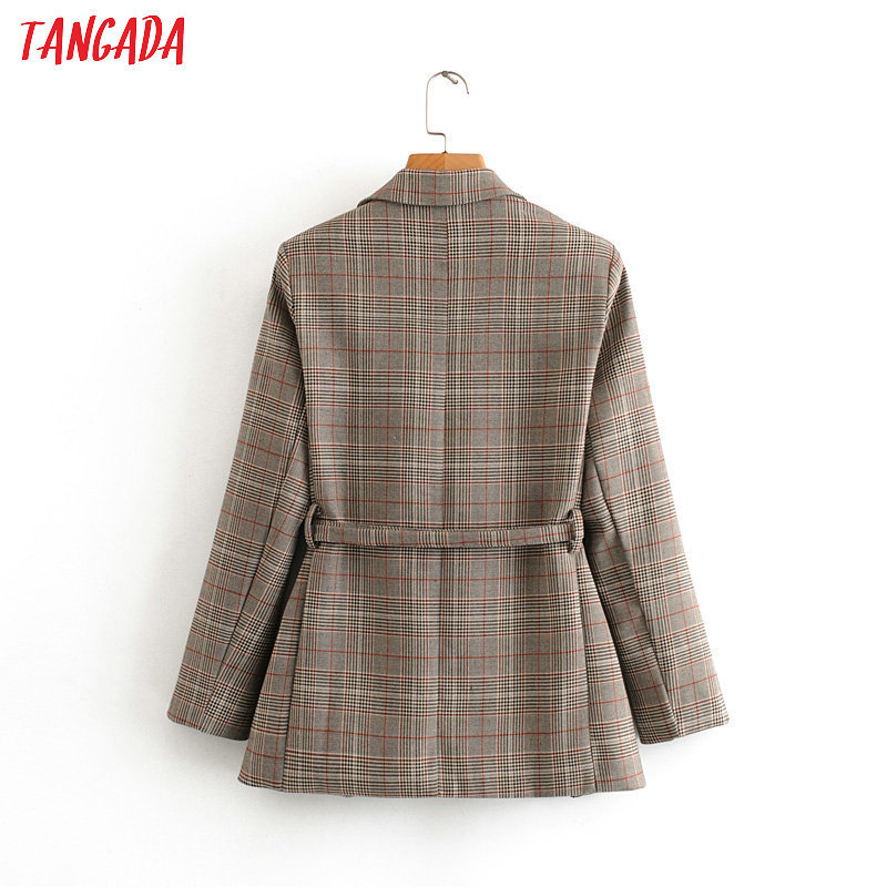 Tangada women vintage plaid blazer with belt female long sleeve elegant jacket ladies work wear blazer formal suits DA12 201201