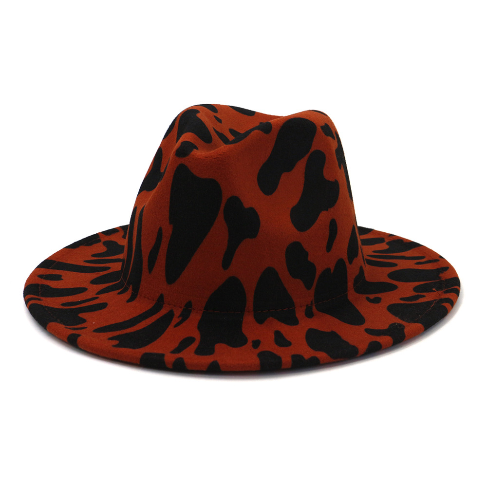 European US British Style Cow Print Jazz Felt Hat Faux Wool Fedora Hats Women Men Wide Brim Panama Party Formal Hat