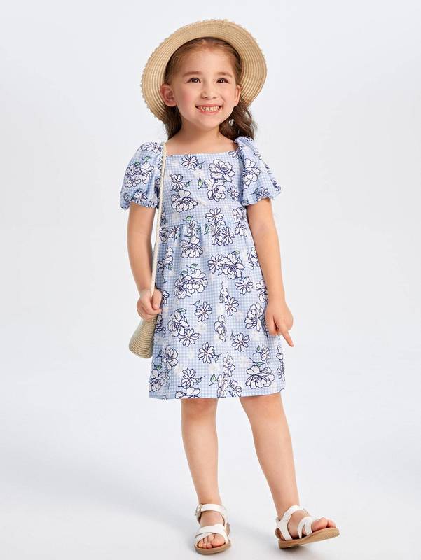 Toddler Girls Floral Print Puff Sleeve A-line Dress SHE