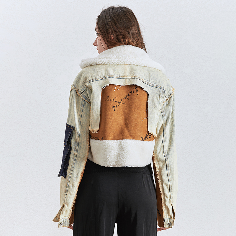 TWOTWINSTYLE Patchwork Hit Color Denim Jacket Women Lapel Collar Long Sleeve Pocket Irregular Coats Female Fashion Clothing 201023