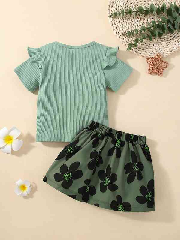 Baby Ruffle Trim Tee & Floral Print Skirt SHE
