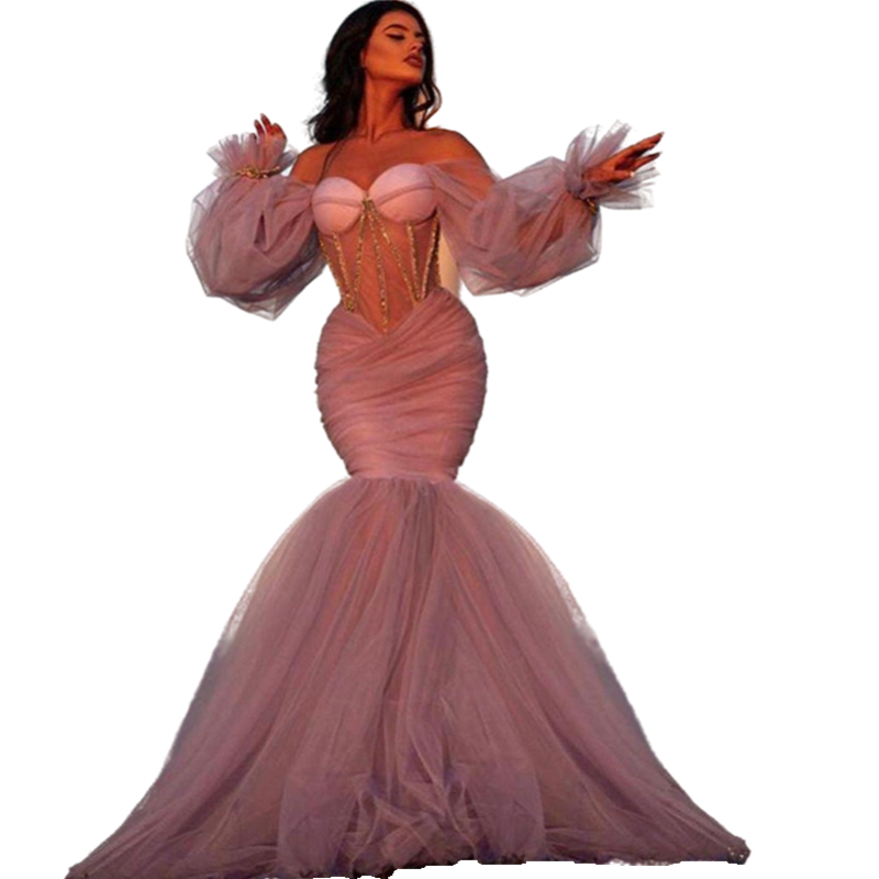 Sexy Light Pink Corset Mermaid Pageant Evening Dresses Crystal Beaded For Women Party Night Off Shoulder Long Sleeves Prom Party Dress Illusion Bodice