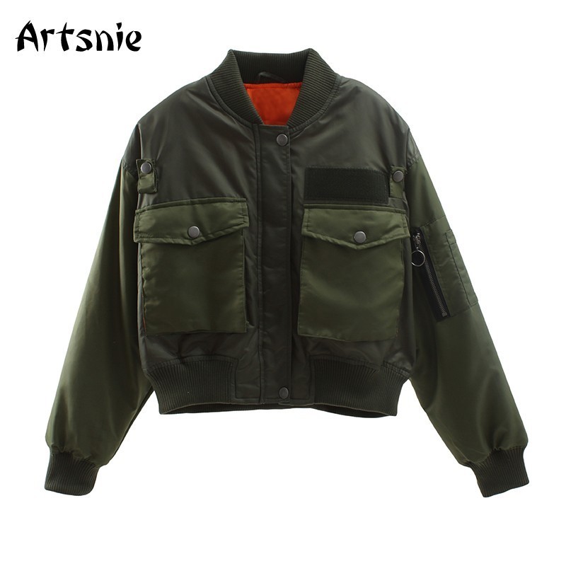 Artsnie Autumn Bomber Jacket Women Army Green Warm Zipper Pockets Winter Coat Female Jacket Parkas Femme Chaqueta Mujer 201126