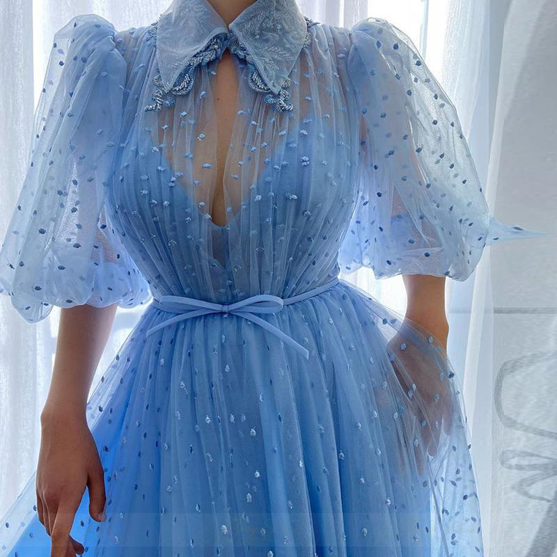 Chic Blue A Line Prom Dresses With Half Sleeves High Neck Formal Party Gowns Sheer Vestidos De Novia
