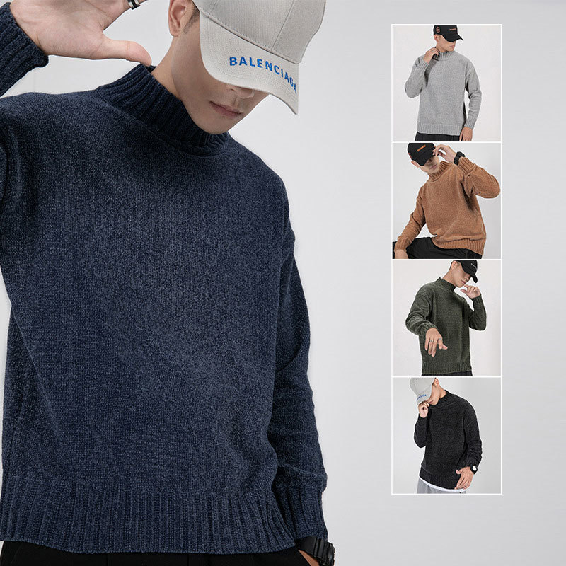 Fashion Half Turtleneck Sweater Men Solid Loose Casual Streetwear Pullover Japanese Male Clothing Autumn Chenille Knitted Tops 201125