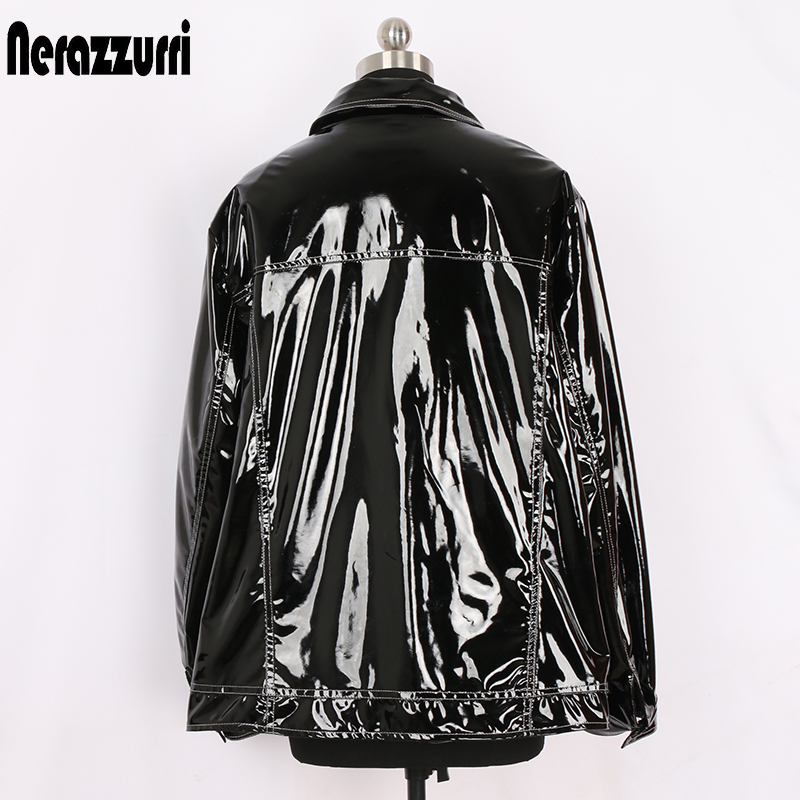 Nerazzurri Black loose patent leather jacket with many pockets long sleeve buttons Plus size faux leather jackets women 5xl 6xl 201226