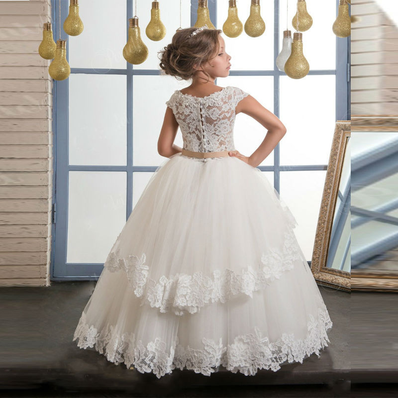 Princess Flower Girls Dresses Jewel First Communion Dress Sleeveless Elegant Chic Lace Applique Custom Made Kids Pageant Dress