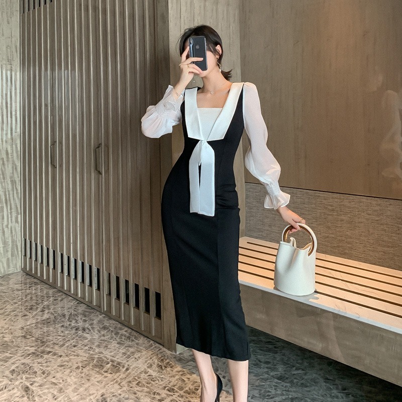 2021 New Elegant autumn office woman ladies long puff bow dress E1RM, Black 
2021 New Elegant autumn office woman ladies long puff bow dress E1RM, Black
