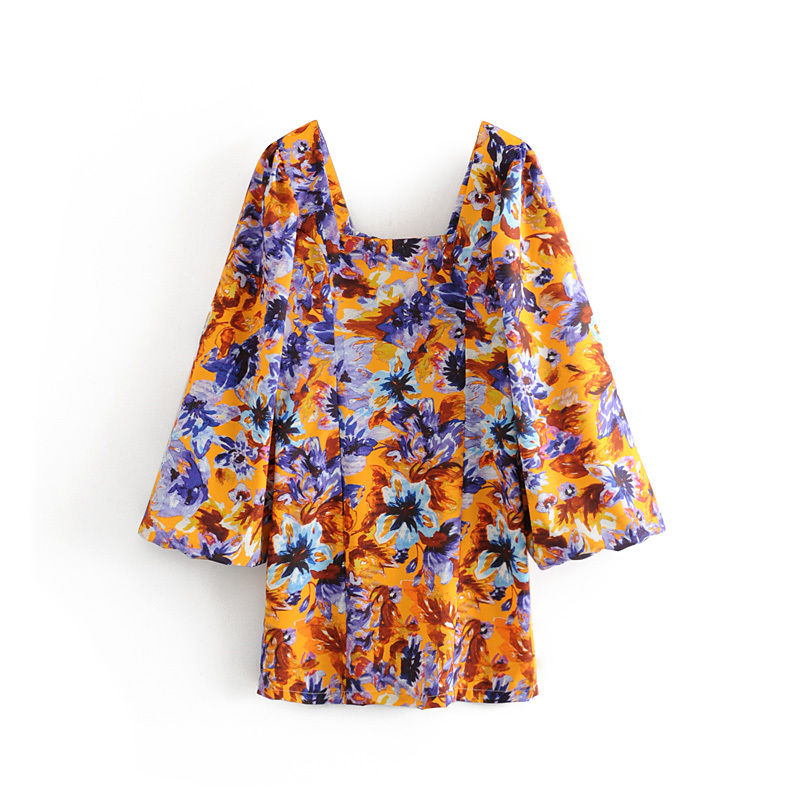 Stylish Chic Floral Print Loose sleeve Dress Za Vintage Elegant Women Square Collar Mini Dresses T200106