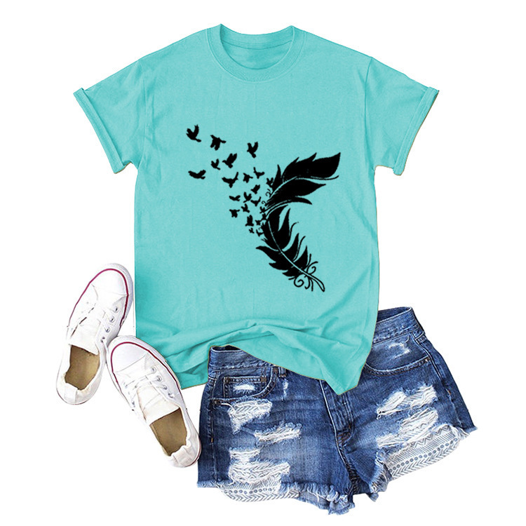 2020 Women casual Harajuku fashion t-shirt feather print loose o-neck short sleeve elastic stretched summer home new Tee Shirt