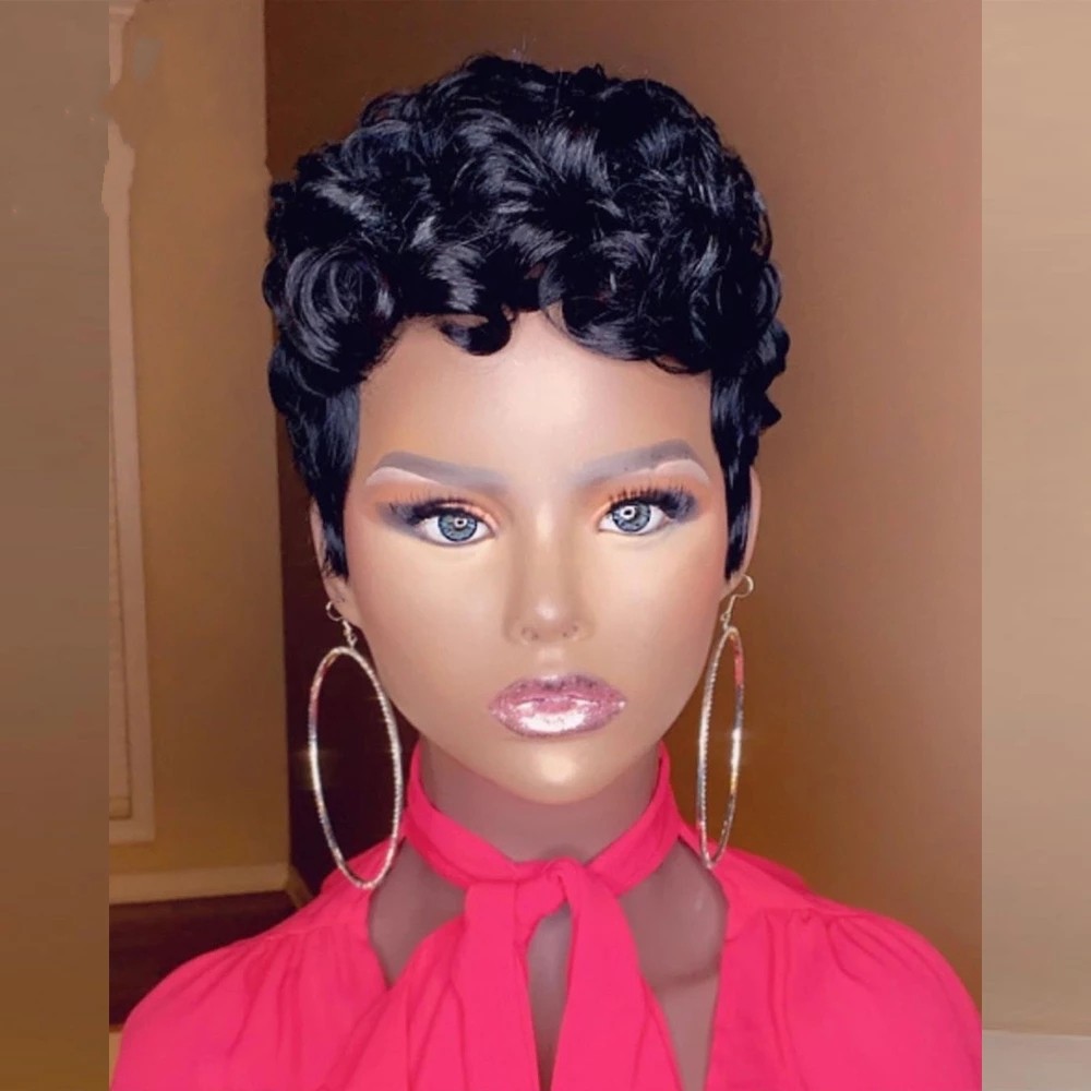 Short Curly Human Hair Wig For Black Women 100% Remy Brazilian Curl Glueless Pixie Cut Lace Front Wig
