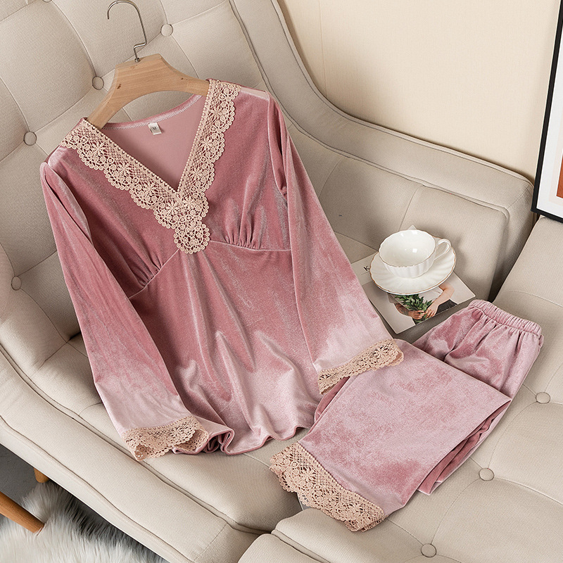Women New Velour Nightwear Pajamas Suit Autumn Winter Loose Pijamas Velour Long Sleeve Tops&Pants Set Lace Patchwork Home Wear 201113