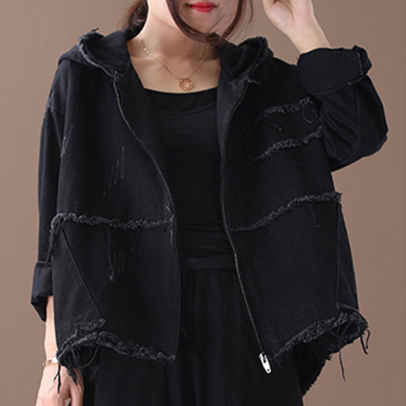 CHICEVER Korean Denim Jacket Female Hooded Long Sleeve Pockets Asymmetric Frayed Coat Women Casual Fashion Clothes 201017