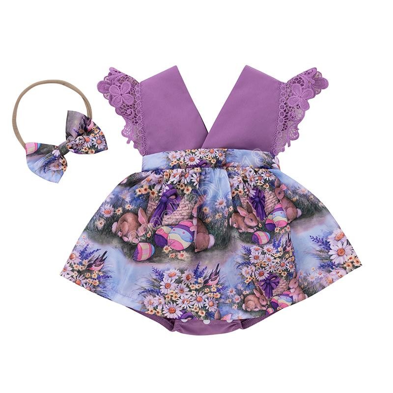 kids Rompers girls Easter eggs Rabbit print romper infant toddler Lace flying sleeve Jumpsuits with Bow Headband summer fashion baby Climbing clothes