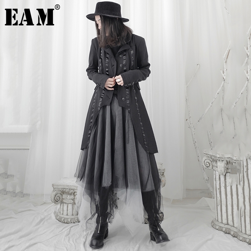 [EAM] Women Black Ribbon Asymmetrical Long Trench New Lapel Long Sleeve Loose Fit Windbreaker Fashion Tide Spring 1T698 201102
