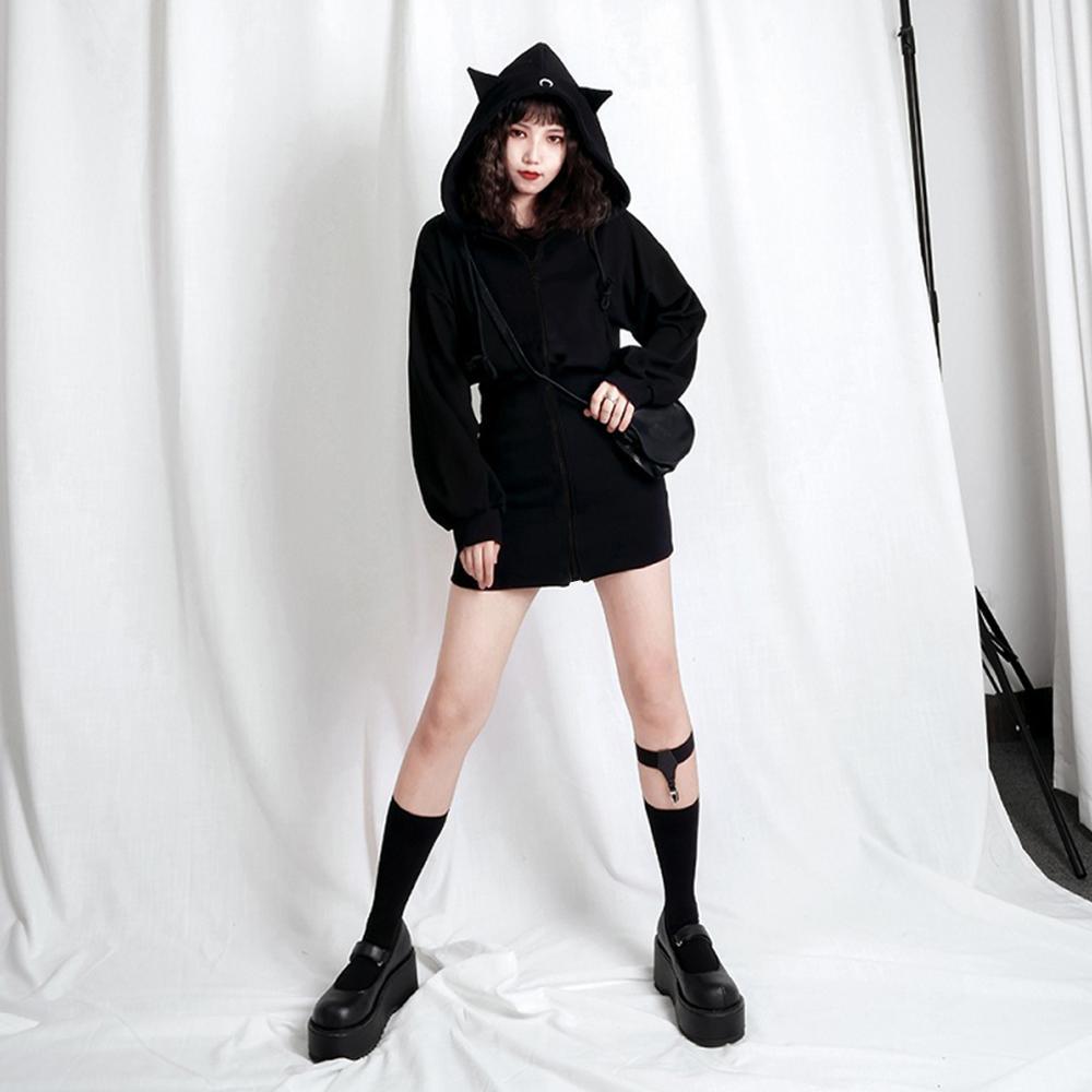 Winter Warm Long Hoodies Sweatshirt Women Fashion Patchwork Cute Ear Cat Overcoat Autumn Zipper Gothic Black Sweatshirt Female 200930