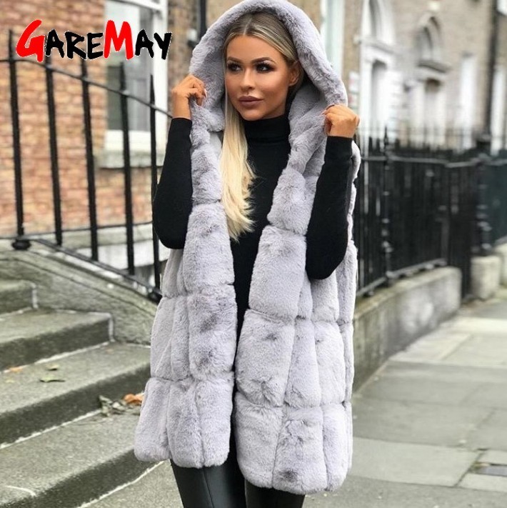 Faux Fur Vest women's Winter Sleeveless Casual long coat Female Fluffy Plush Vest Hooded Overcoats For women Fur Jacket S-2XL 201029