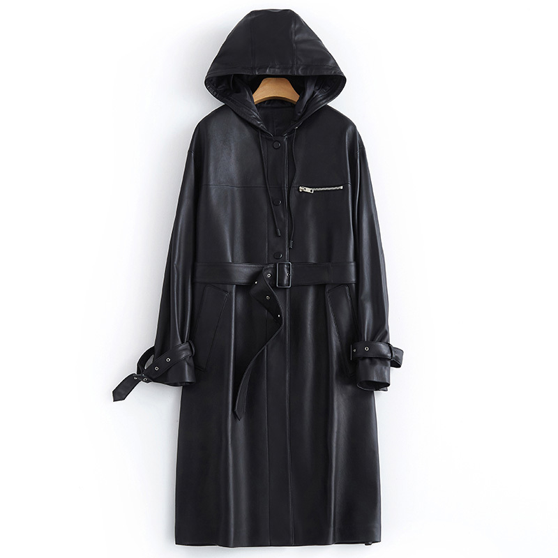 Lautaro Black long leather trench coat women with hood long sleeve belt 6xl 7xl plus size women spring autumn pu leather jacket 201226