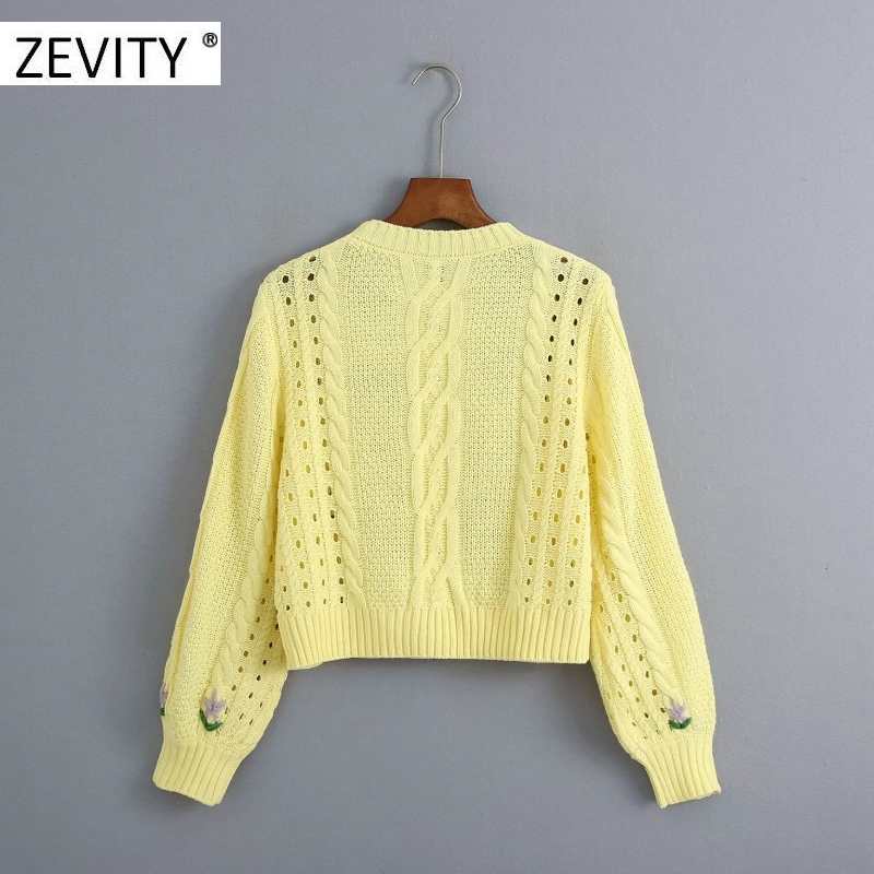 Zevity women Fashion Floral Embroidery Twist Crochet Cropped Knitted Sweater Lady hollow out casual pullovers chic tops S343 201222