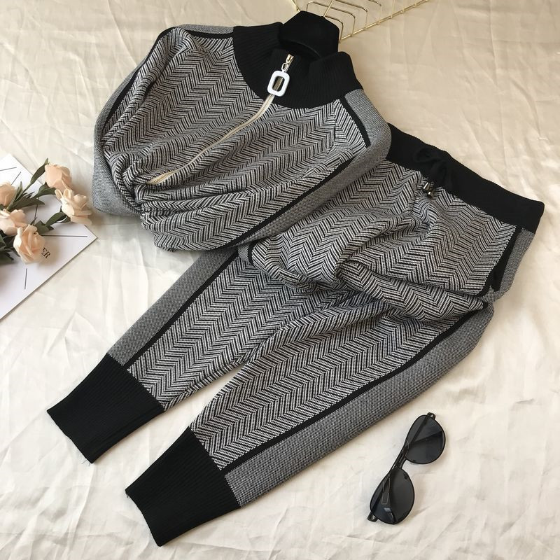 women tracksuit patchwork turtleneck zipper knitted cardigans sweater pants suit 2 piece set trousers elastic P570 T200118