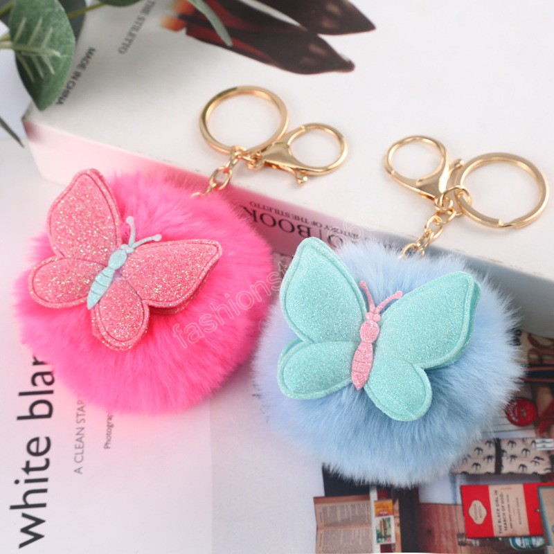 Lovely Fluffy Fur Pom Pom Key Chains Soft Plush Ball Car Keyring With Butterfly Pattern For Women Handbag Pendant Jewelry Gifts