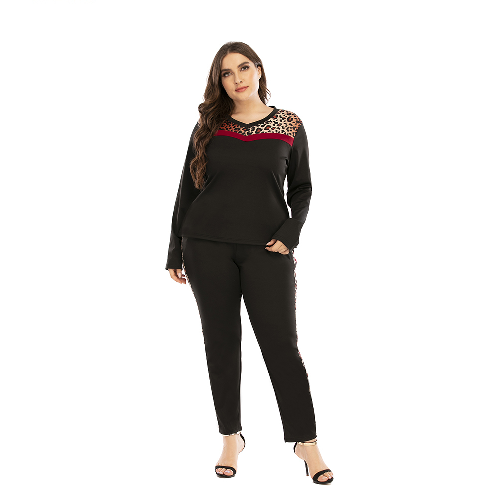 6XL Plus Size Two Piece Set Women Leopard Printed T-Shirts And Pants Casual Long Sleeve Tracksuit Female V-Neck Tees Tops D30 201119