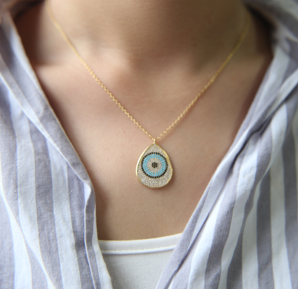 Big eye Charm summer Necklaces Gold Color cz paved round eye Rhinestone Pendant & Chain Men/Women wedding Jewelry