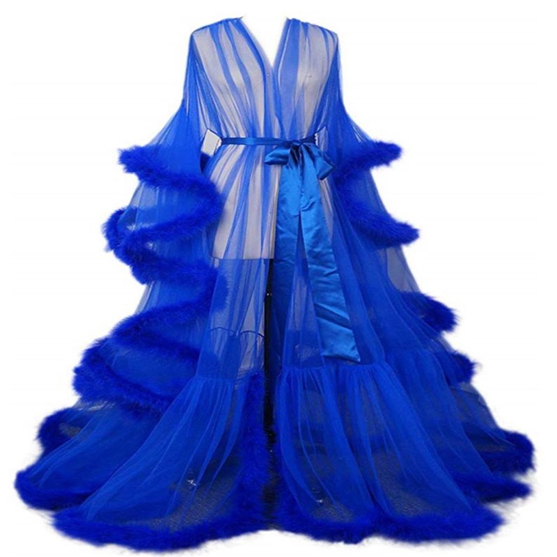 Real Image Wedding Bathrobe Long Sleeves Feather Sleep Wear Custom Made Pajamas Sexy Illusion Tulle Wedding Robe Nightgown