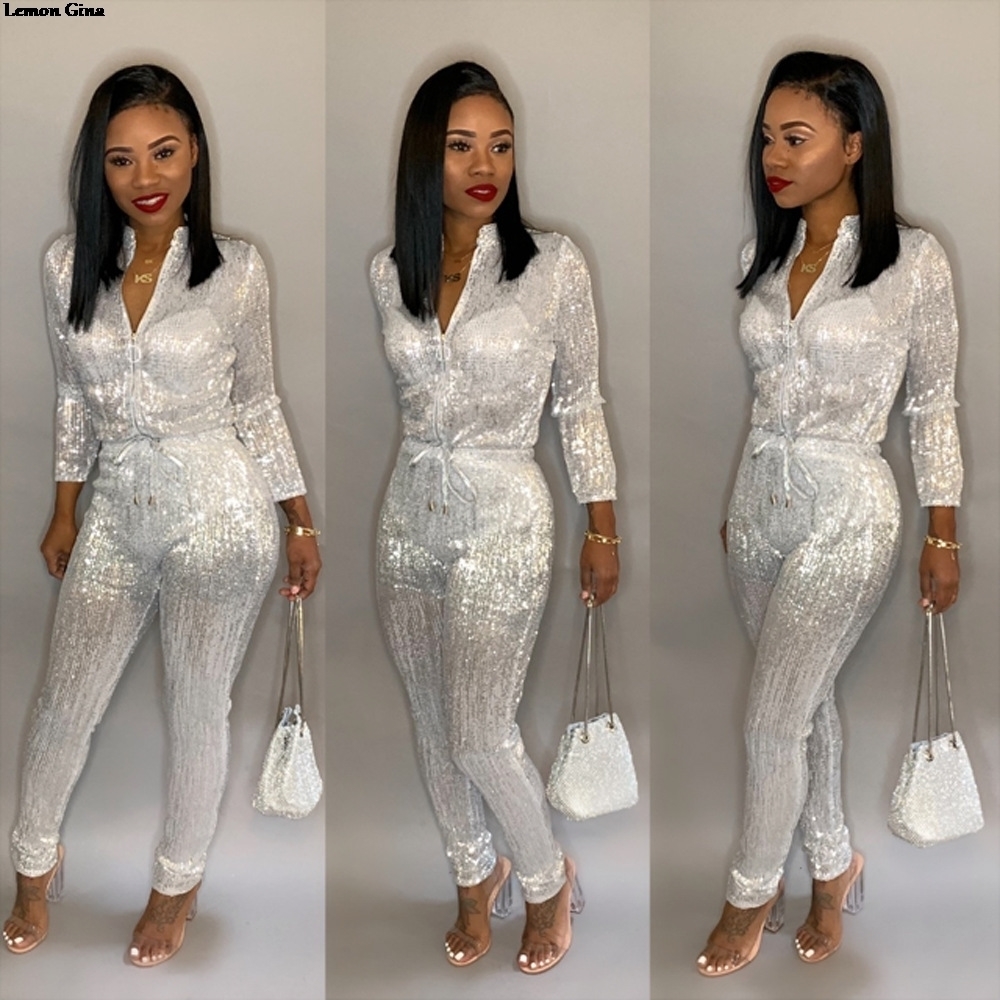 Lemon Gina women new gold silk zipper up high waist pencil long jumpsuit casual romper playsuits 4 colors S3XL plus size B9140 T200509