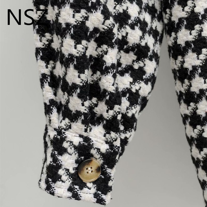 NSZ women black and white houndstooth oversized tweed jacket woolen blend plaid shirt coat checked overshirt outerwear fall 201023