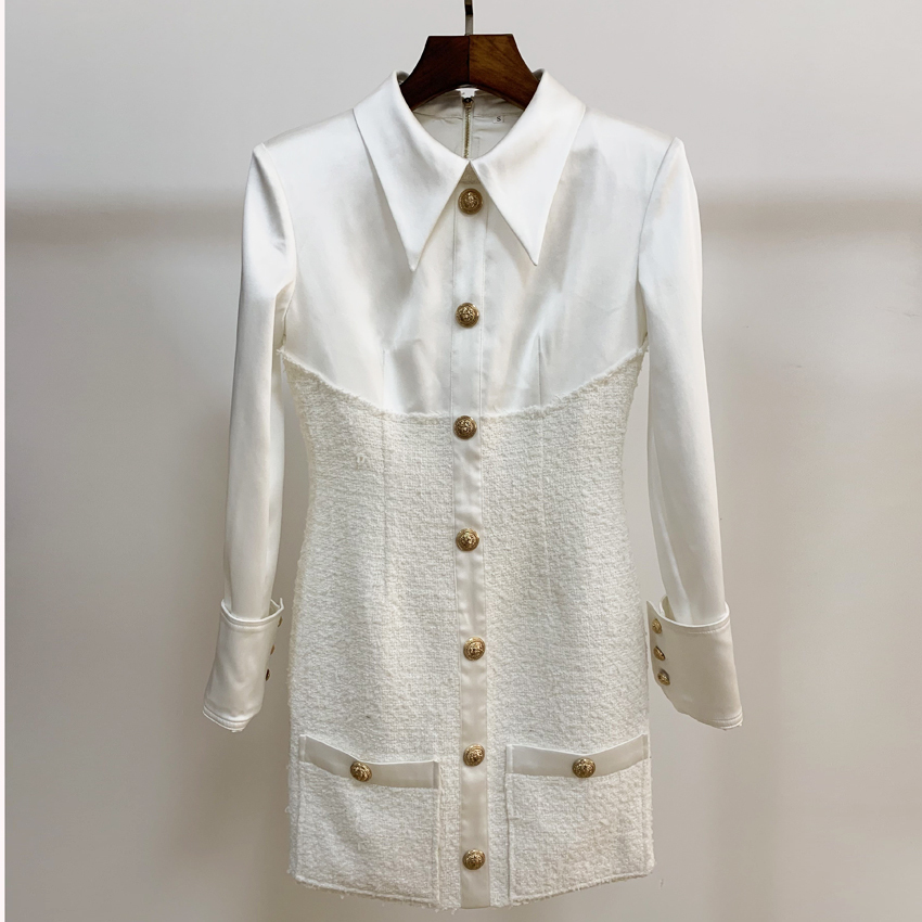 HIGH STREET New Stylish ner Dress Women's Long Sleeve Satin Tweed Patchwork Lion Buttons Dress 201125