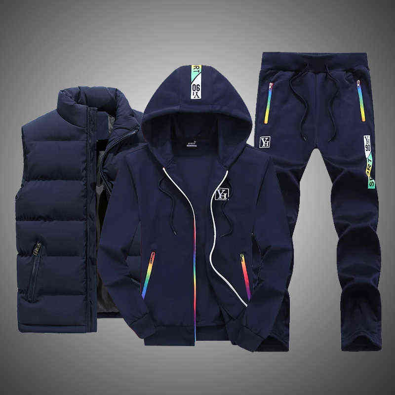 Wholesale Sweatsuits Winter Men Sets 3 Pieces Set Vest Hoodie Sweatpant Warm Casual Mens Tracksuits Clothes 211222