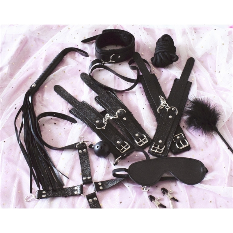 10pcs Sexy Lingerie Exotic Accessories Adjustable PU Leather BDSM Bondage Set Handcuffs Whip Rope Sex Toys for Couples Y200616